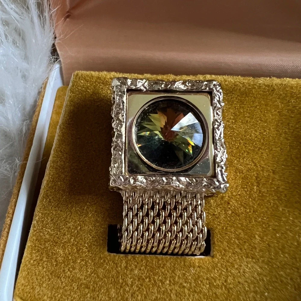 Vintage Swank Gold Tone Mesh Wrap Cufflinks Amber Crystal Square Textured Boxed